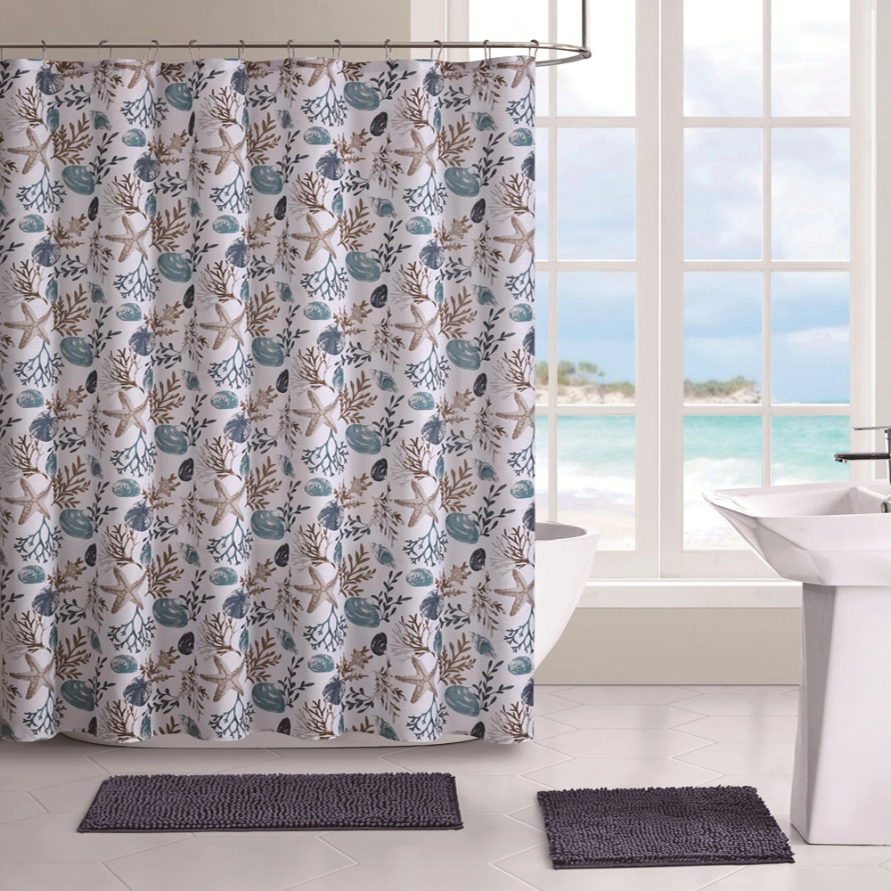 Polyester Blend Fabric Shower Curtain Waffle Weave Rustproof Metal Grommets Bathroom Showers