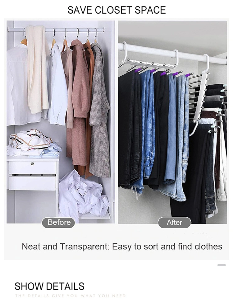 5 Layers Magic Pants Hanger Space Saving Hanger Magic Multi Layer Portable Folding Metal Pant Hanger for Closet Organization