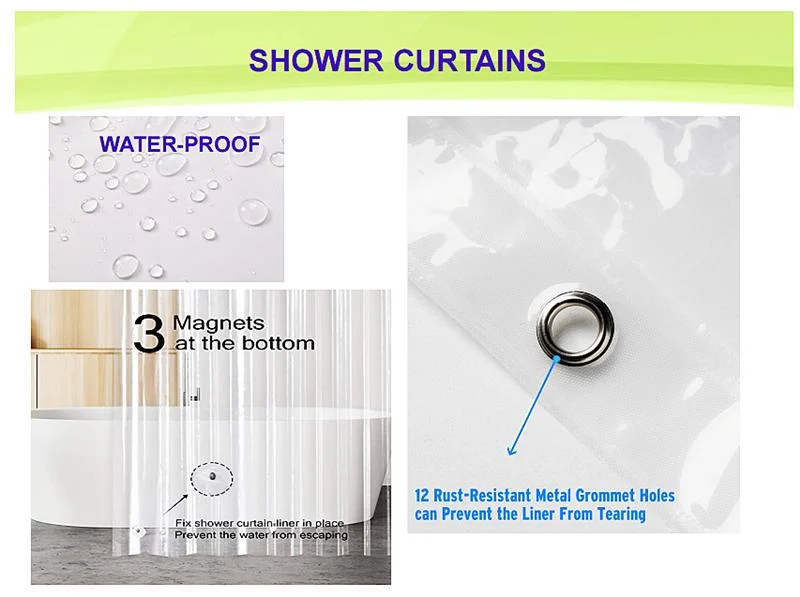 Premium Light Weight Clear Pink Plastic Bathroom Shower Curtain, 3D Custom Printed PVC PEVA Shower Curtain