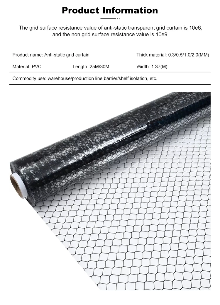 Clean Room ESD PVC Grid Curtain Anit-Static Grid Curtain 1.37m*30m*0.3mm Transparent Antistatic Curtain