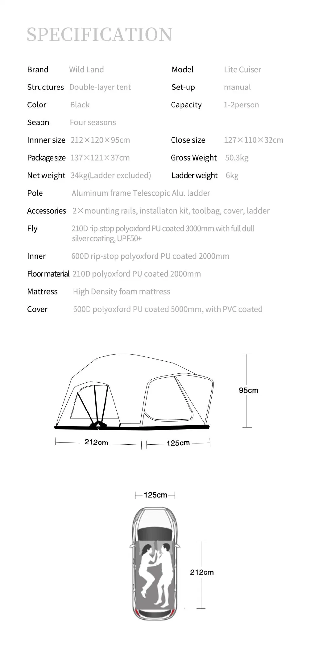 Wila Land Roof Top Tent Solo Camping Lightweight Foldable Tent for Sedan Golf Lite Cruiser