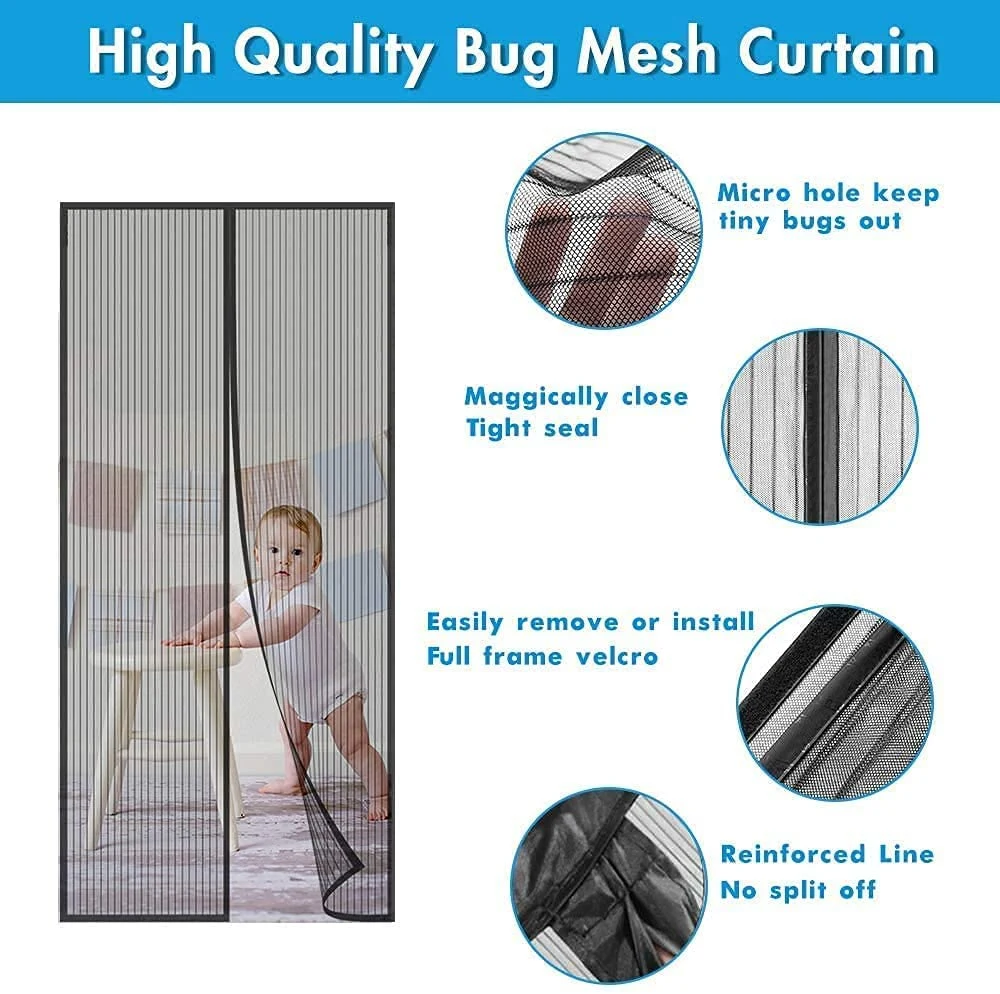 Magnetic Screen Door with Durable Fiberglass Mesh Curtain and Full Frame Hook Loop Fits Door Size up to 36&quot;X82&quot; Max- Black