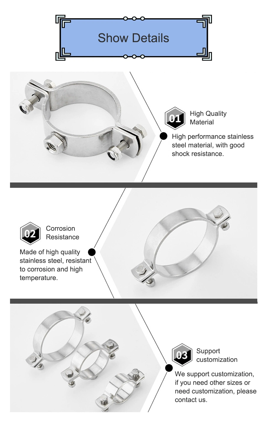 Stainless Steel Sanitary Hexagonal Pipe Clamp Pipe Holder/Hanger