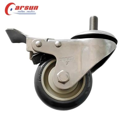 Stainless Steel Threaded Stem Casters 3 Inch Gray PU Caster Wheels with Brakes