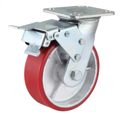 Swivel PU on Cast Iron Caster with Nylon Dual Brake (Red)