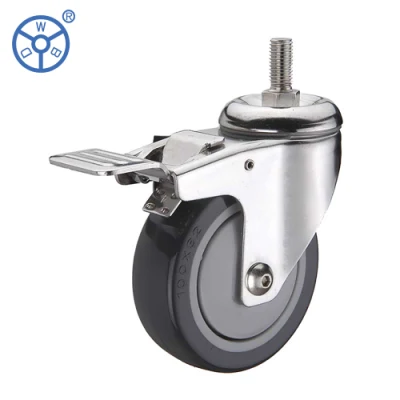 Wbd 3 4 5 Inch Swivel Double Brake Top Plate Threaded Stem Medium Duty PP Core Gray PU Caster Wheel