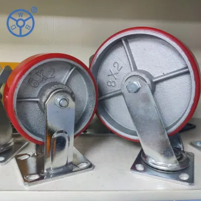 Wbd Heavy Duty Cast Iron Core PU Caster Red Polyurethane Castors and Universal Wheels for Trolley