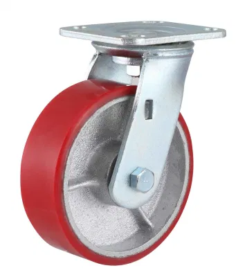Swivel PU on Cast Iron Caster with Nylon Dual Brake (Red)