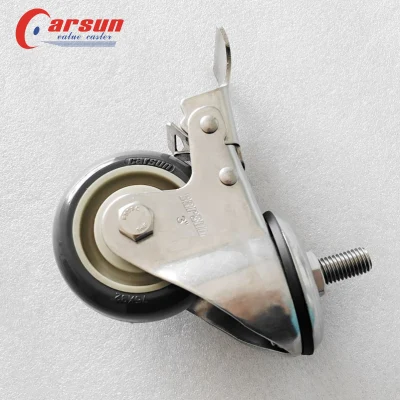 Stainless Steel Threaded Stem Casters 3 Inch Gray PU Caster Wheels with Brakes