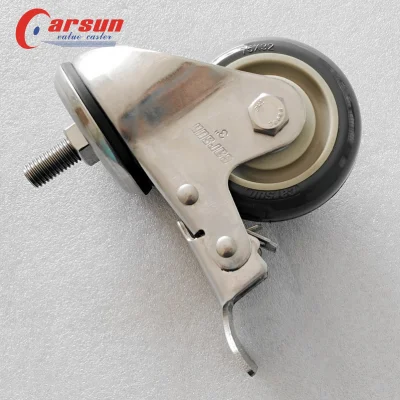 Stainless Steel Threaded Stem Casters 3 Inch Gray PU Caster Wheels with Brakes