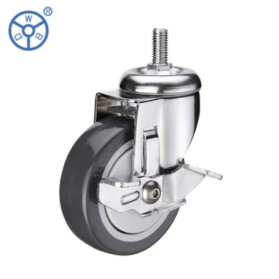 Wbd 3 4 5 Inch Swivel Double Brake Top Plate Threaded Stem Medium Duty PP Core Gray PU Caster Wheel