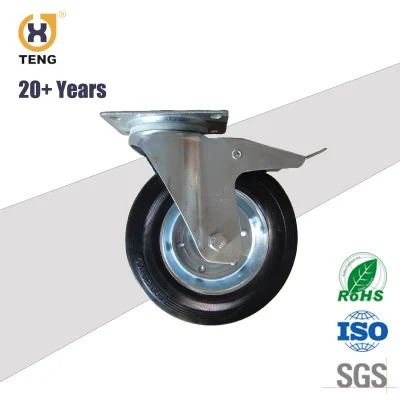 Heavy Duty 200mm Europe EU Style 8 Inch Swivel Cast Iron Rubber Top Plate Black Caster Wheel with Total Brake