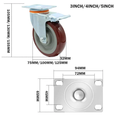 Red Swivel Medium Duty Caster PU Wheel 5 Inch 4 Inch 3inch