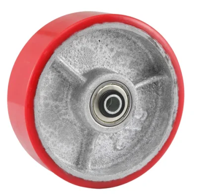 Swivel PU on Cast Iron Caster with Nylon Dual Brake (Red)