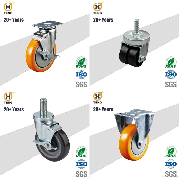 Medium Duty 3/4/5/6 Inch PU Trolley Castor Wheel Thread Stem Industrial Caster with Brake