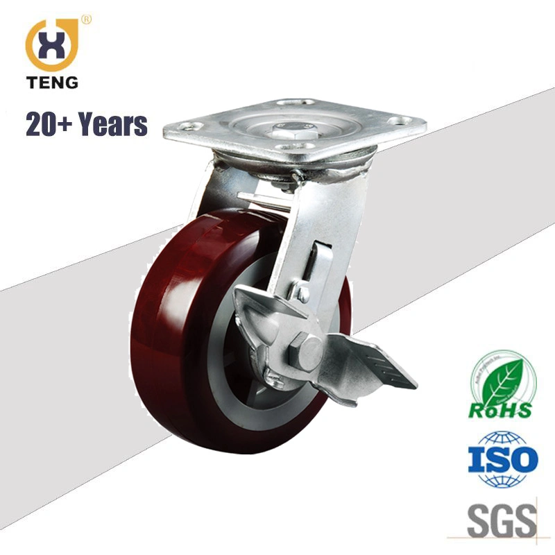20+Year Factory Industry Heavy Duty 5 Inch Castor Swivel Top Plate PP PU Wheel Caster with Side Brake