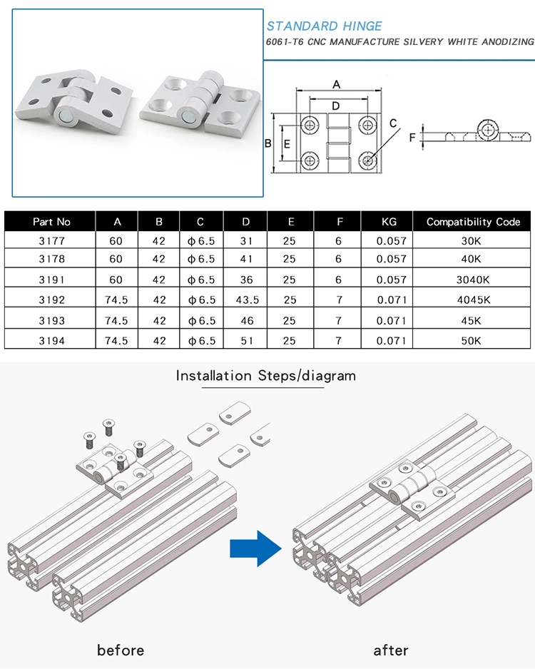 4045K Standard Hinge Metal Hinge CNC Aluminum Hardware for Aluminum Profile and Industrial