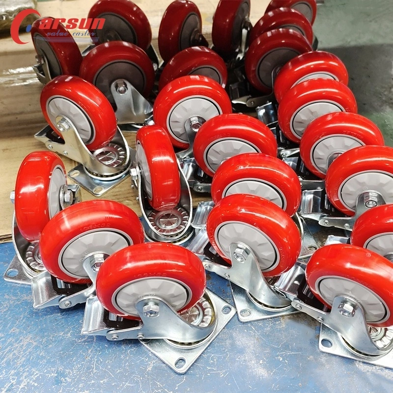 3/3.5/4/5 Inch Top Plate Medium Castors Polyurethane Casters Red PU Industrial Caster Wheel