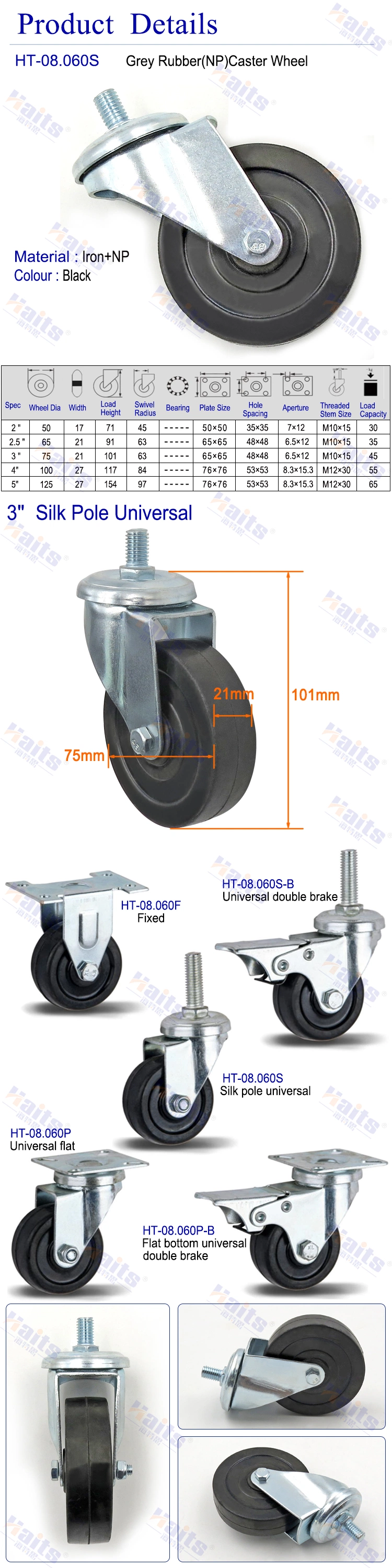 High Load Industrial Cart Caster Wheel Threaded Stem 40mm Rigid Caster Industrial Replacement Swivel Stem Wheels