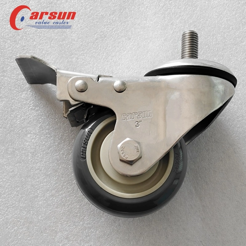 Stainless Steel Threaded Stem Casters 3 Inch Gray PU Caster Wheels with Brakes