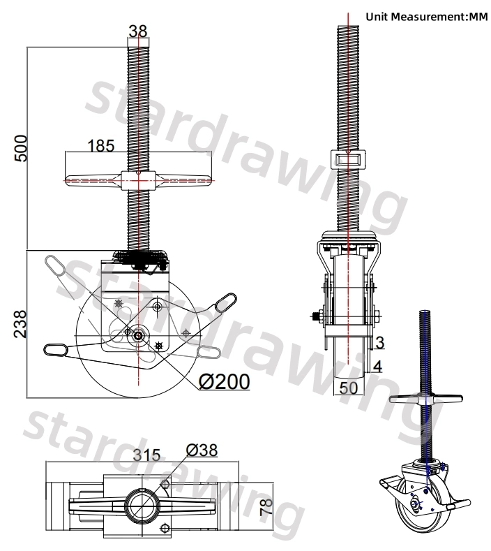 Stardrawing 6 8 Inch Quick Install Adjustable Threaded Stem Scaffolding Castor Wheels