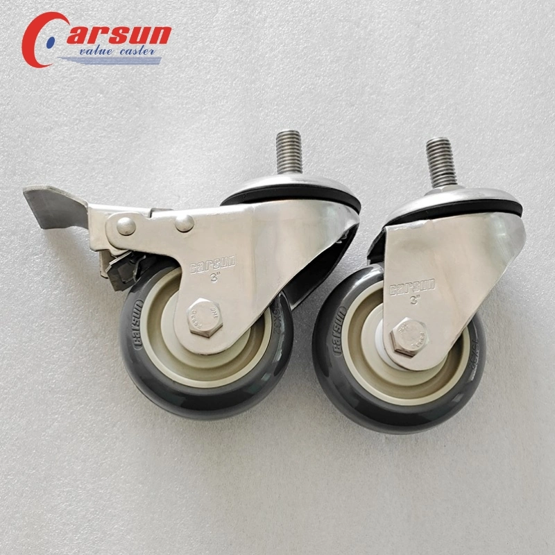 Stainless Steel Threaded Stem Casters 3 Inch Gray PU Caster Wheels with Brakes