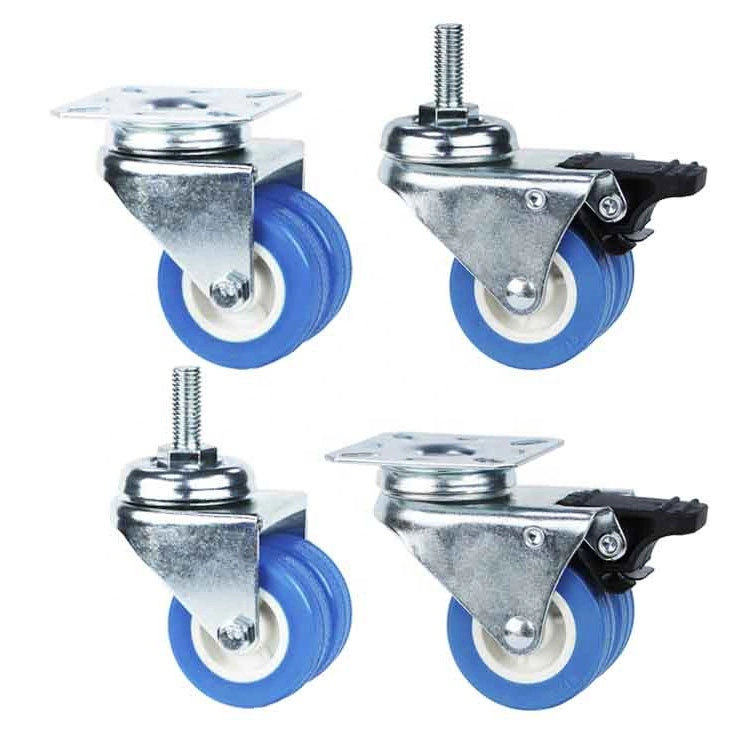 Wbd Factory Direct 50mm Small Caster Wheel Twin Wheels Blue PVC Casters Ruedas Giratorias Wholesale Plastic Caster Wheel