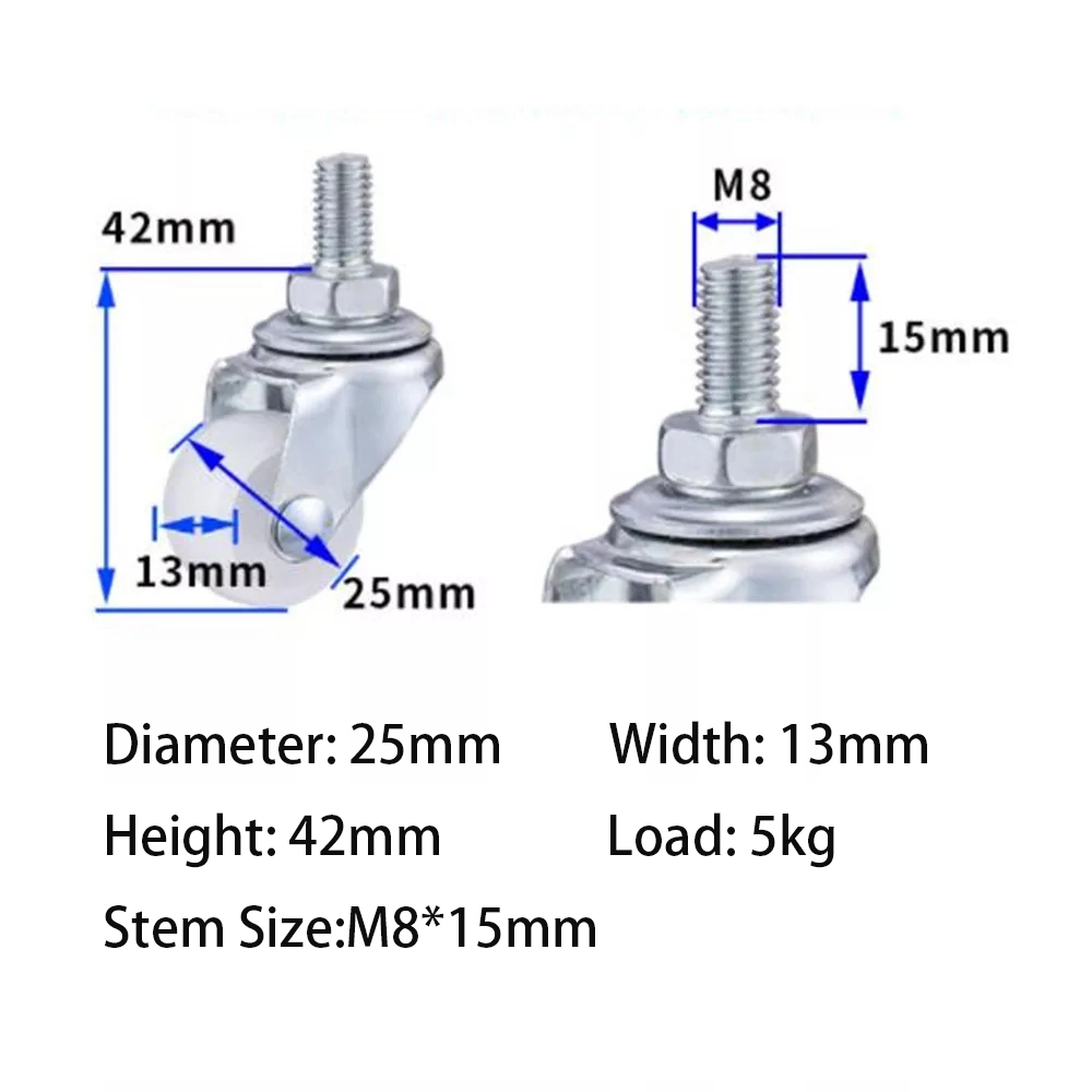 Light Duty 1/1.2/1.5/2/2.5/3 Inch White PP Wheel Caster Nylon Directional Wheel Screw Brake Wheel Swivel Casters Furniture Threaded Stem Universal Wheel