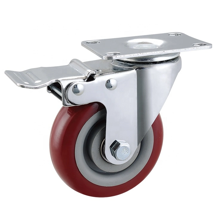 Medium Duty Double Ball Bearing PU Marron 80kg Top Plate Swivel Total Brake 3 Inch Caster Wheel