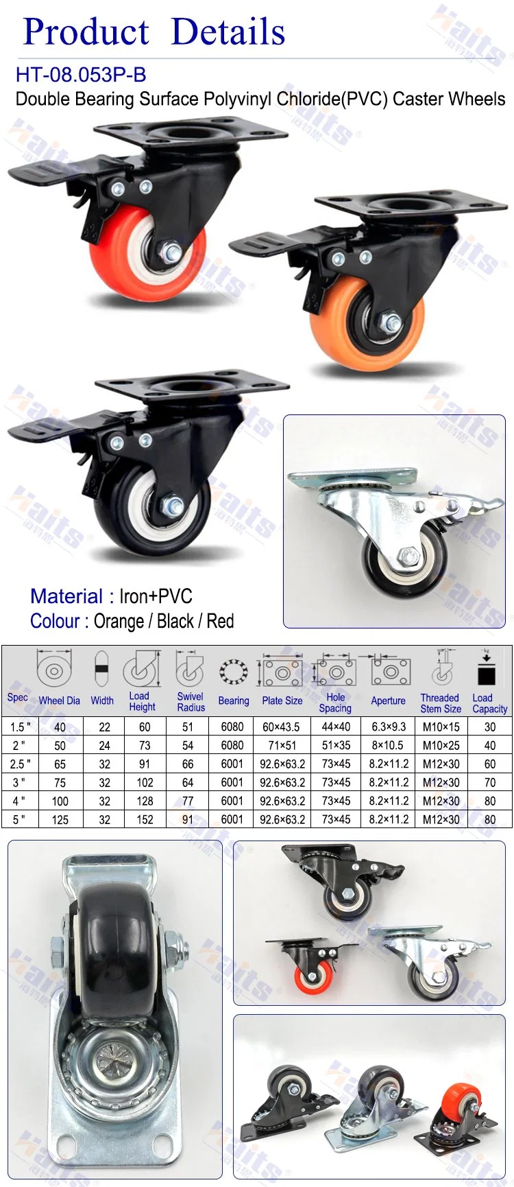 Double Bearing Industrial Usage PVC Caster Trolley Wheel with Brake