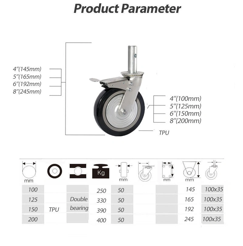 8 Inches Scaffold Black Thread Stem Heavy Duty PU Caster