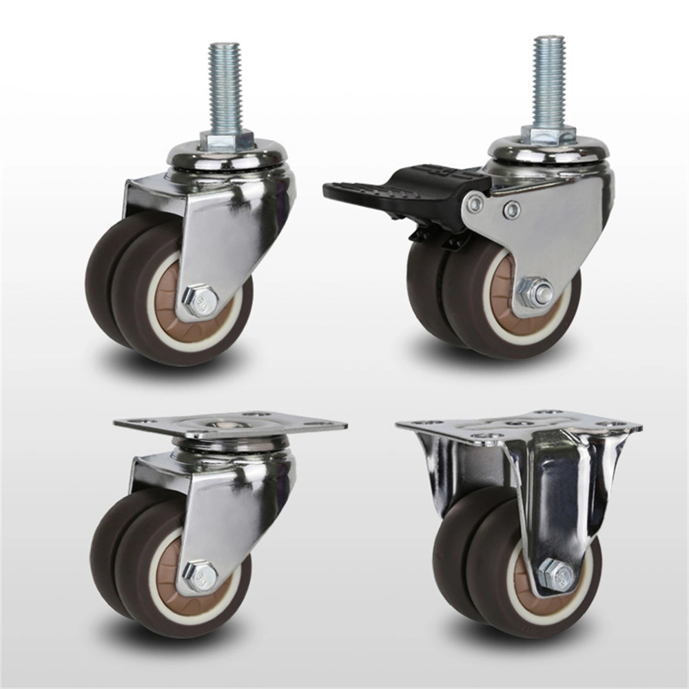TPR Rubber Double Wheel Furniture Caster Universal Wheel Rigid Swivel Brake Castors Factory Industrial Casters with Threaded Stem