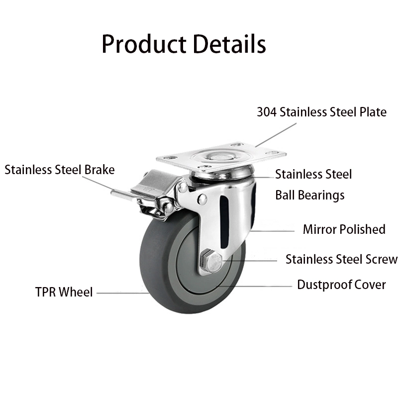 Medium Duty Caster 304 Stainless Steel Fixed Swivel Castor Trolley Medical Instruments Grey TPR Medium Duty Wheel Casters with Brake