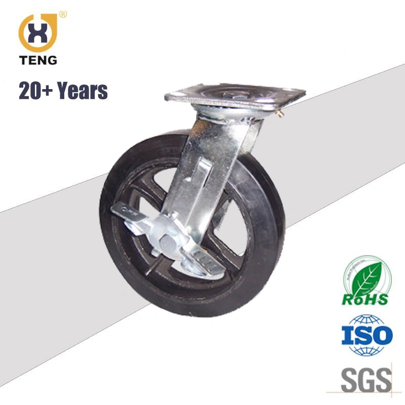 Heavy Duty Industrial Caster Swivel Rotating Plate Iron Steel Rubber Castor Wheel with Brake