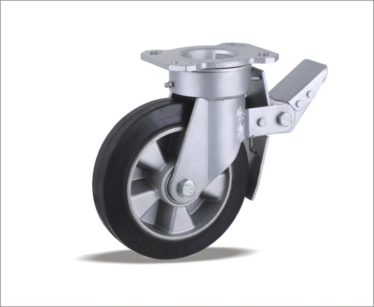 Braked Swivel Caster with Elastic Rubber Wheels Aluminum Core