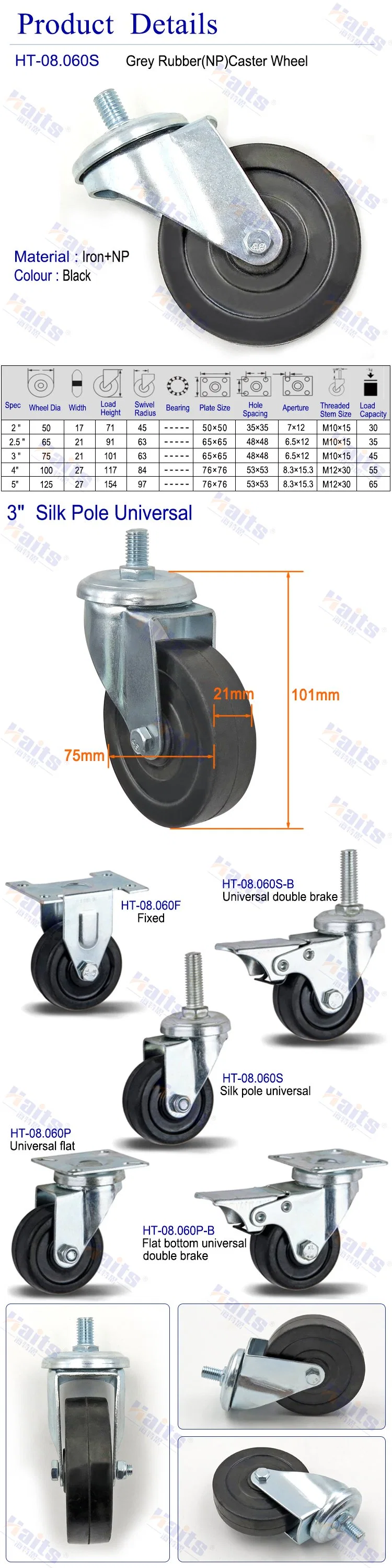 High Load Industrial Cart Caster Wheel Threaded Stem Rigid Caster