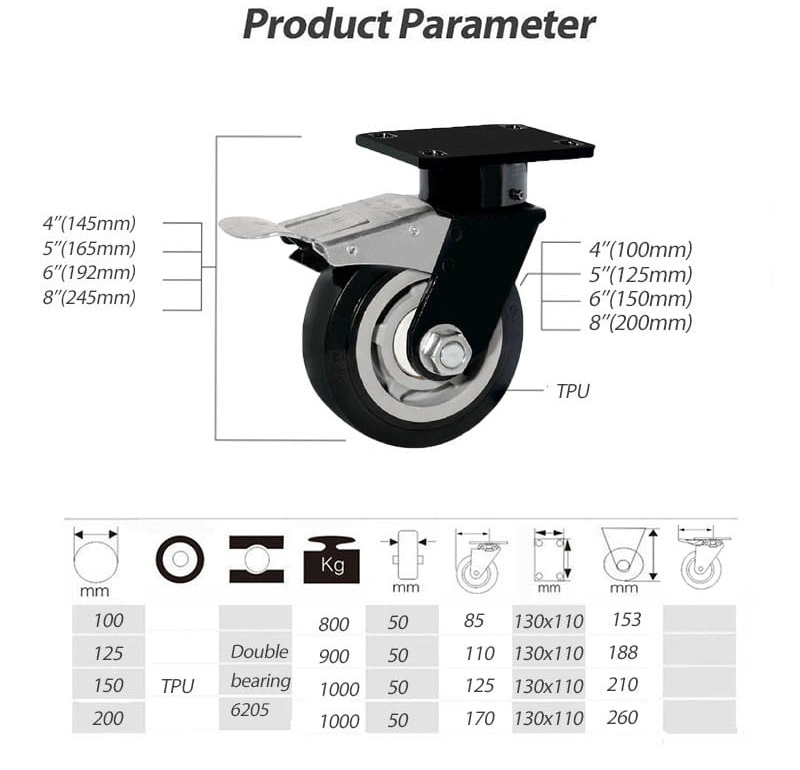 1 Ton Heavy Duty Caster with Black PU Wheel Total Brake