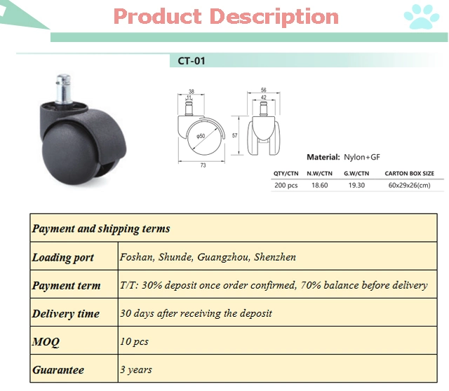 Furniture 50/60mm Nylon Rubber Caster Wheels for Office Chair