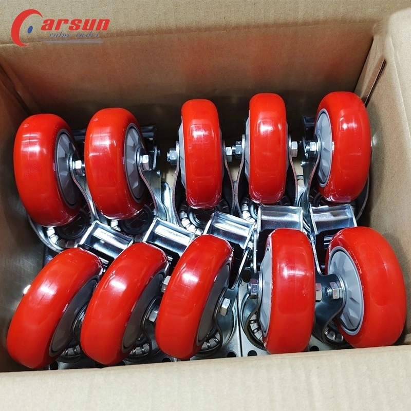 Medium Industrial PU Casters 4inch Red Polyurethane Swivel Caster Wheels with Brakes and Plastic Covers