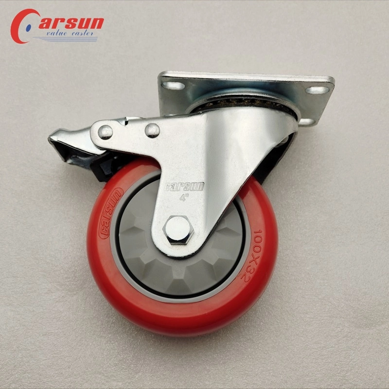 Medium Industrial PU Casters 4inch Red Polyurethane Swivel Caster Wheels with Brakes and Plastic Covers