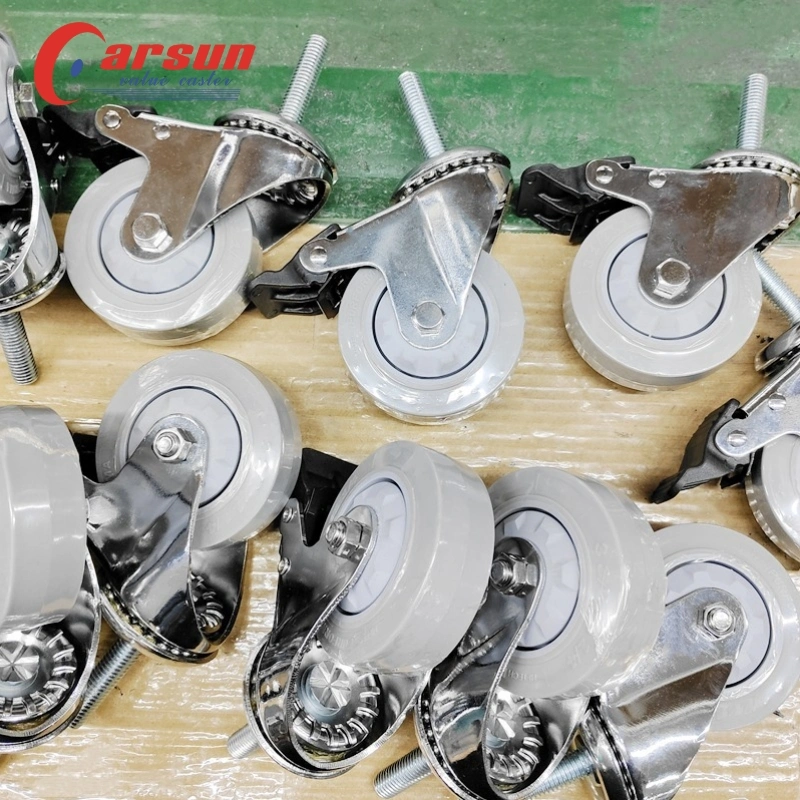 Threaded Stem Casters 4 Inch Gray TPR Caster Wheels with Brakes