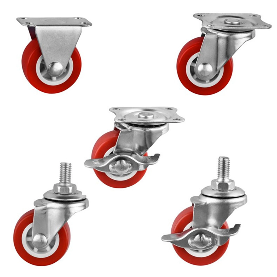 1.5 Inch Red Casters Wheels Soft Rubber Swivel Caster with Side Brake 360 Degree Top Plate