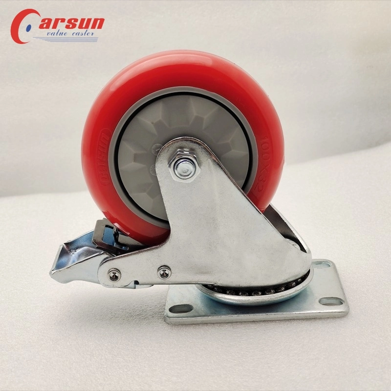 Medium Industrial PU Casters 4inch Red Polyurethane Swivel Caster Wheels with Brakes and Plastic Covers