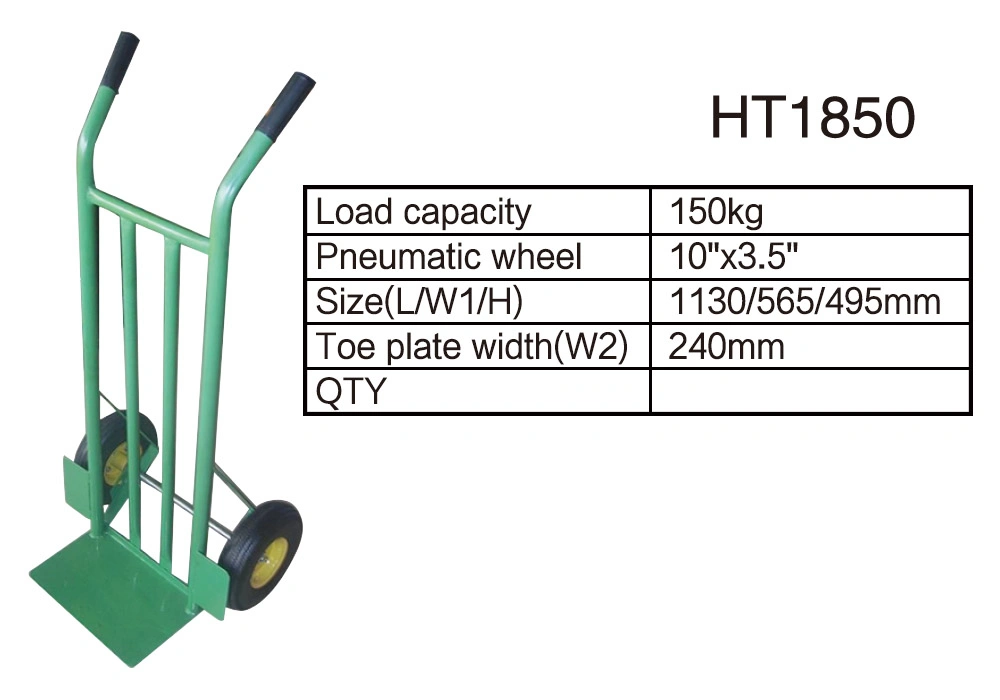 Ht1850 Heavy Duty Steel Hand Truck Dolley Hand Cart Trolley with Load Capacity 150kg 10X3.5 Inch Pneumatic Wheel