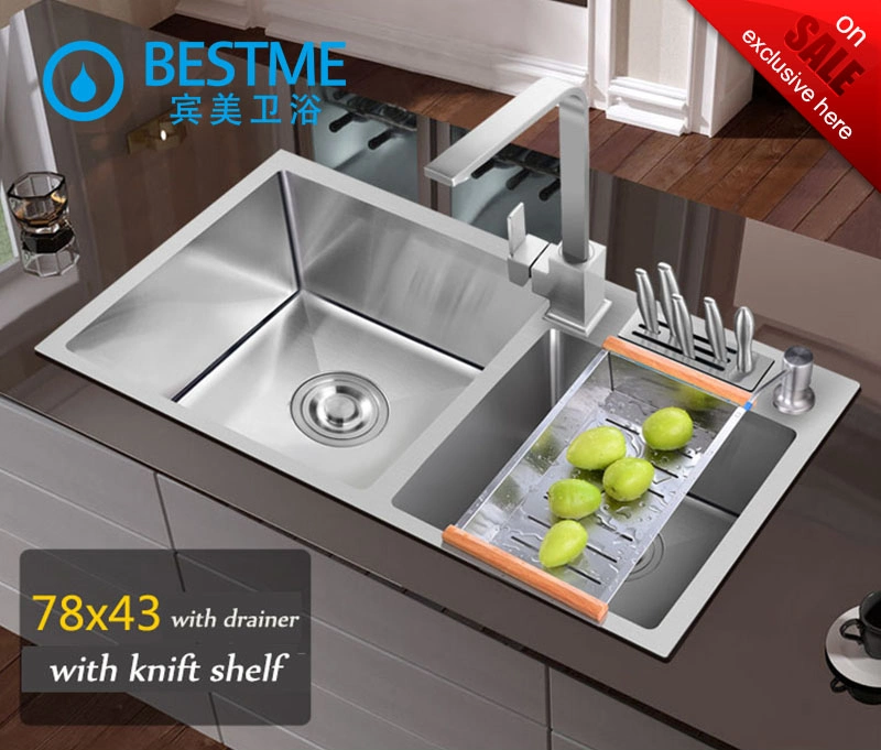 Foshan Supplier Hand-Made 304 201 Stainless Steel 7843 Kitchen Products Double Bowl Kitchen Sink (BS-310R-304)