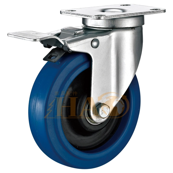 Blue Soft Rubber Caster Wheel Heavy Duty Industrial Swivel Wheel with Brake