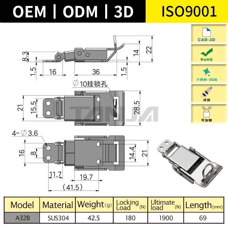 Industrial Stainless Steel Hardware Flexible &amp; Damping Toggle Latch for Medical Devices with Lockhole Buckle Hasp