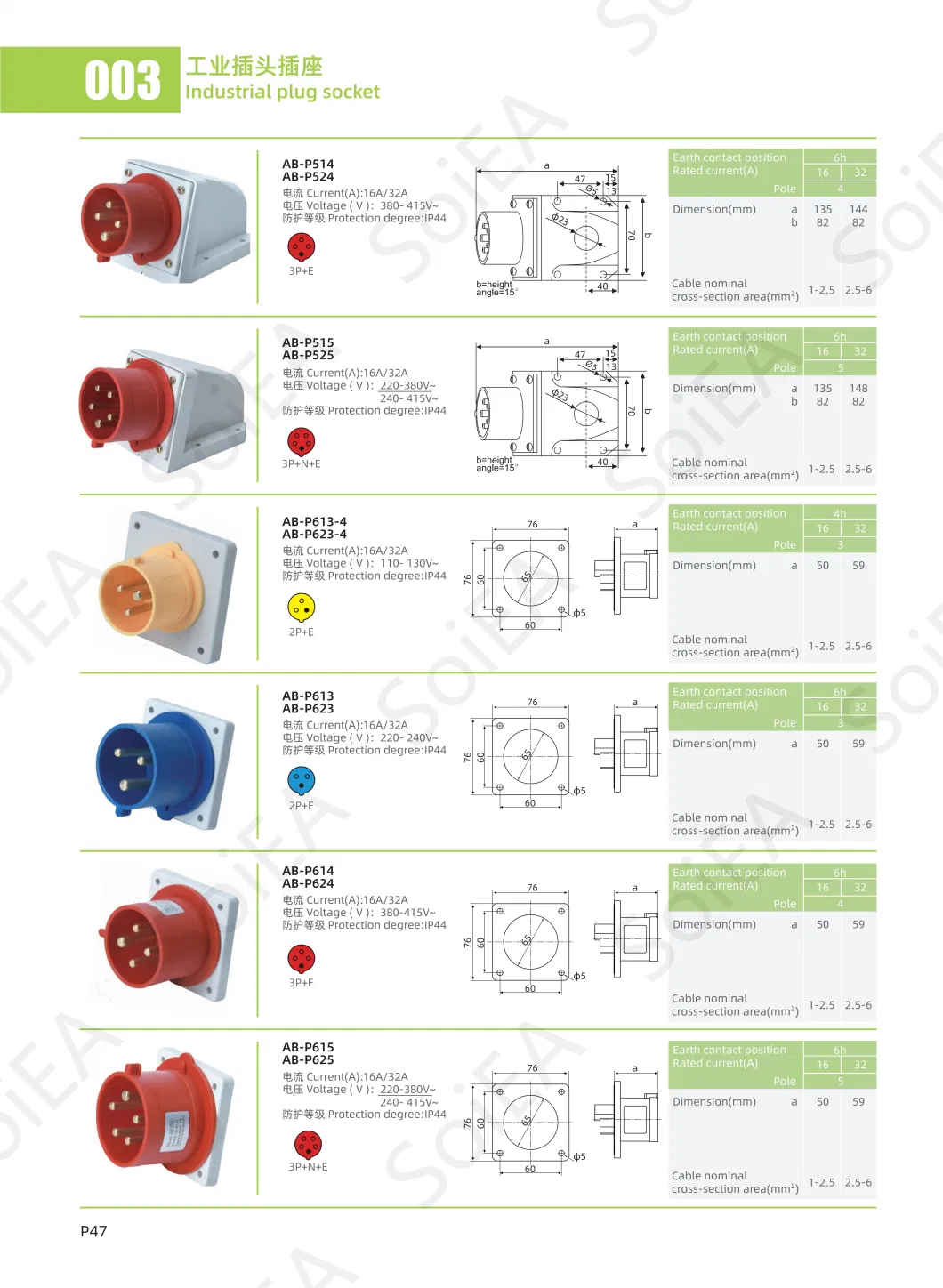 Blue and White High Quality IP44 3pins Excellent 16A-32AMP Waterproof 220V -380V Male Industrial Socket