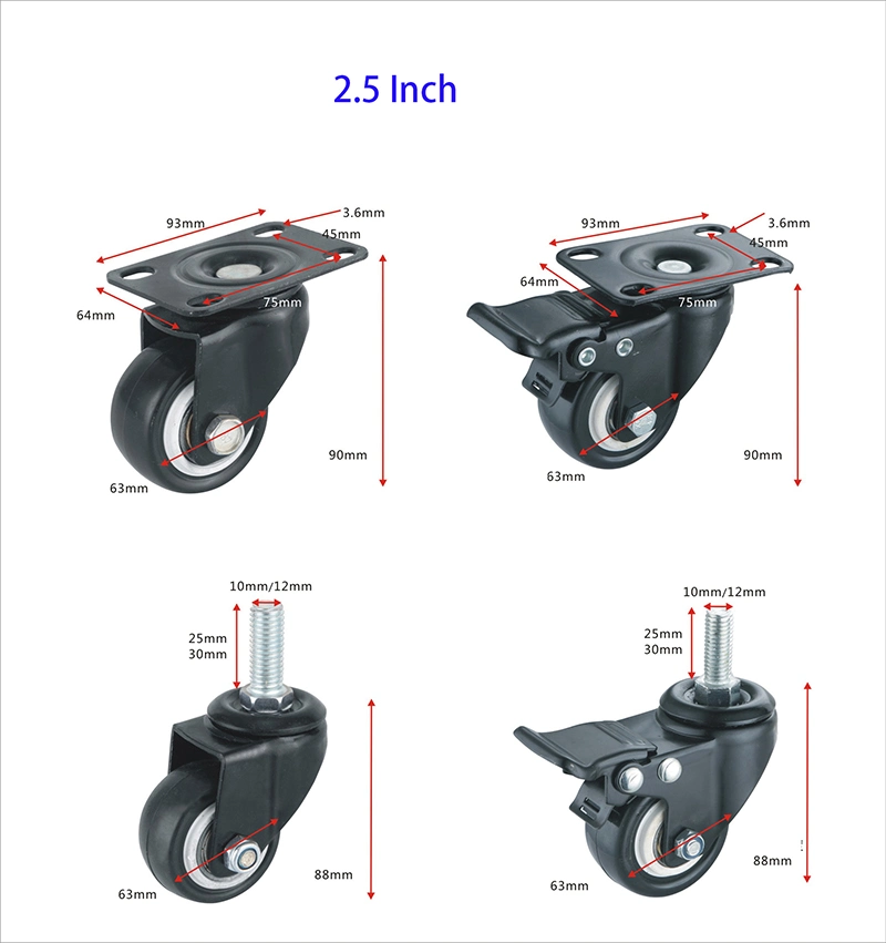 1.5 2 2.5 3 Inch Light Duty Furniture Office Chair Castor PU Wheel Fixed Swivel Threaded Stem Casters Wheels with Brake Industrial Caster Wheel