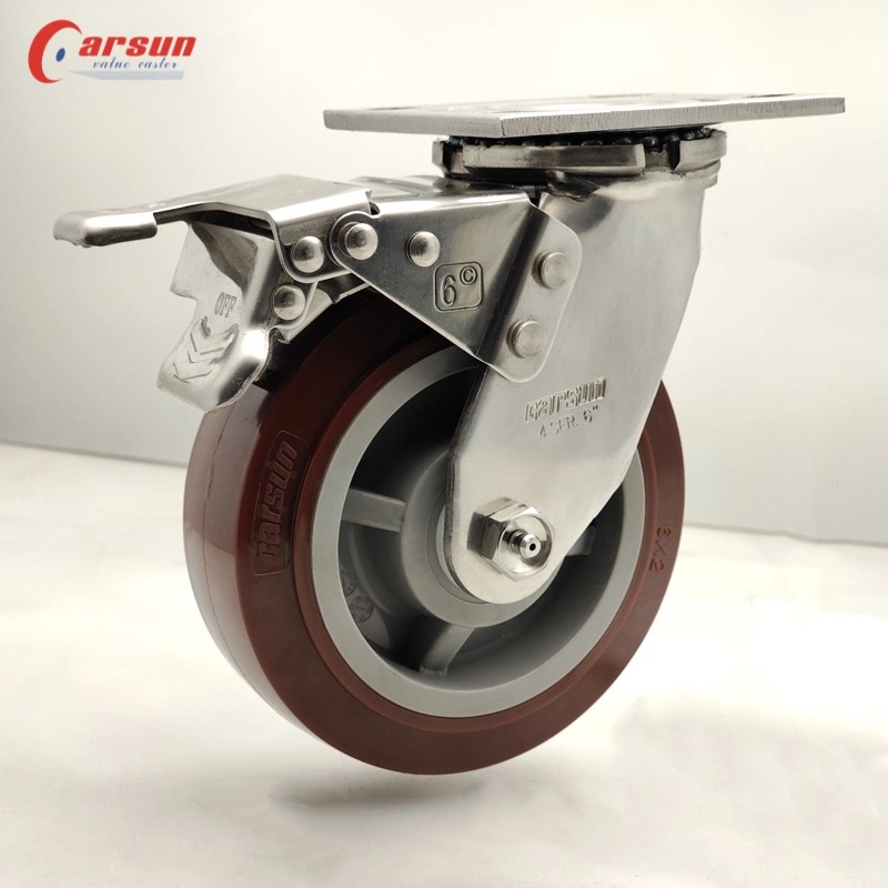 Ss Castors 4/5/6/8 Inch PU Swivel Casters Heavy Duty 304 Stainless Steel Industrial Caster Wheel with Brakes